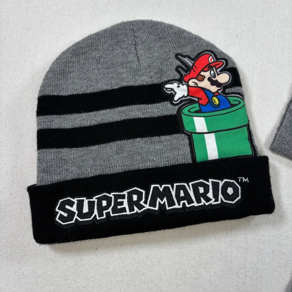 Youth Nintendo Super Mario & Minecraft Beanie & Scarf 4 Piece Winter Bundle Grey